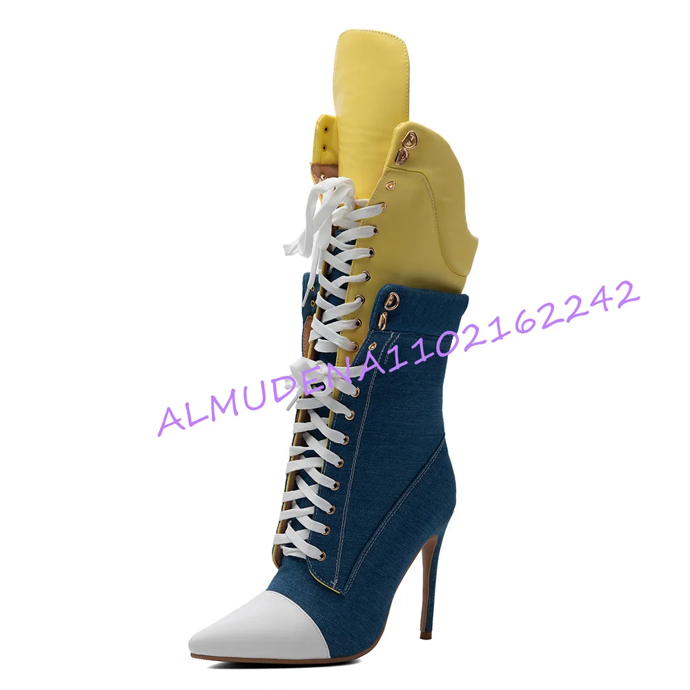 Women Denim Patchwork Knee High Boots Pointed Toe Lace Up Thin Stiletto Heel Fold Yellow Cuff Side Zipper Street Tall Booties view 2