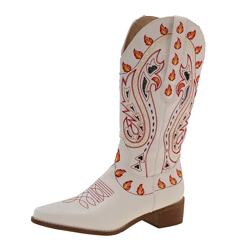 Nuevas botas de vaquero de tacón grueso con cabeza cuadrada Vintage para mujer, botas de vaquero del oeste bordadas, zapatos con cremallera lateral, botas puntiagudas de otoño