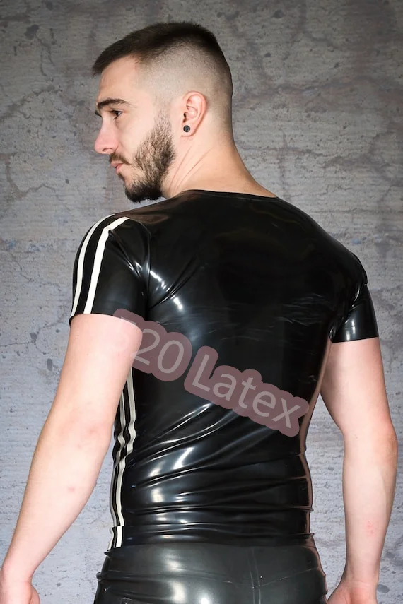 

Мужская футболка из 100% латекса ручной работы с круглым вырезом, латексный мужской топ с белой полоской, спортивная рубашка, модная мужская рубашка-поло