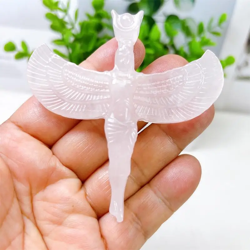 

8CM Natural Rose Quartz Angel Wing Goddess Carving Figurine Energy Crafts Fashion Fengshui Home Decoration Gift 1PCS