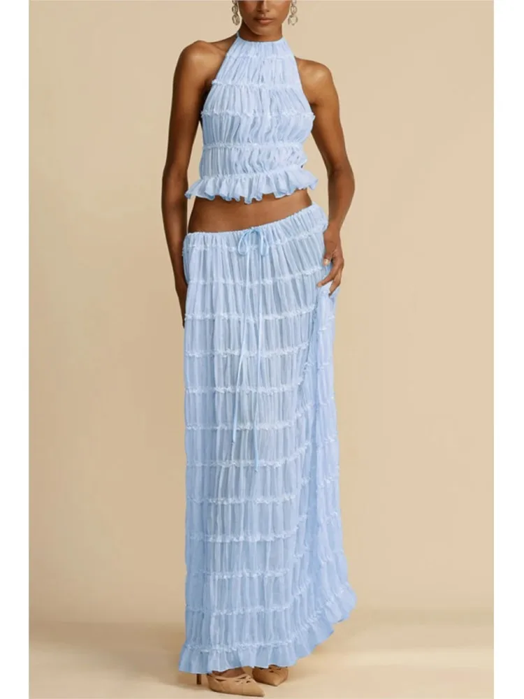 

Women Boho Sexy Backless Skirt 2 Piece Set Summer Beach Holiday Outfits Vintage Ruched Halter Cami Tops + Long Skirt Party Suit