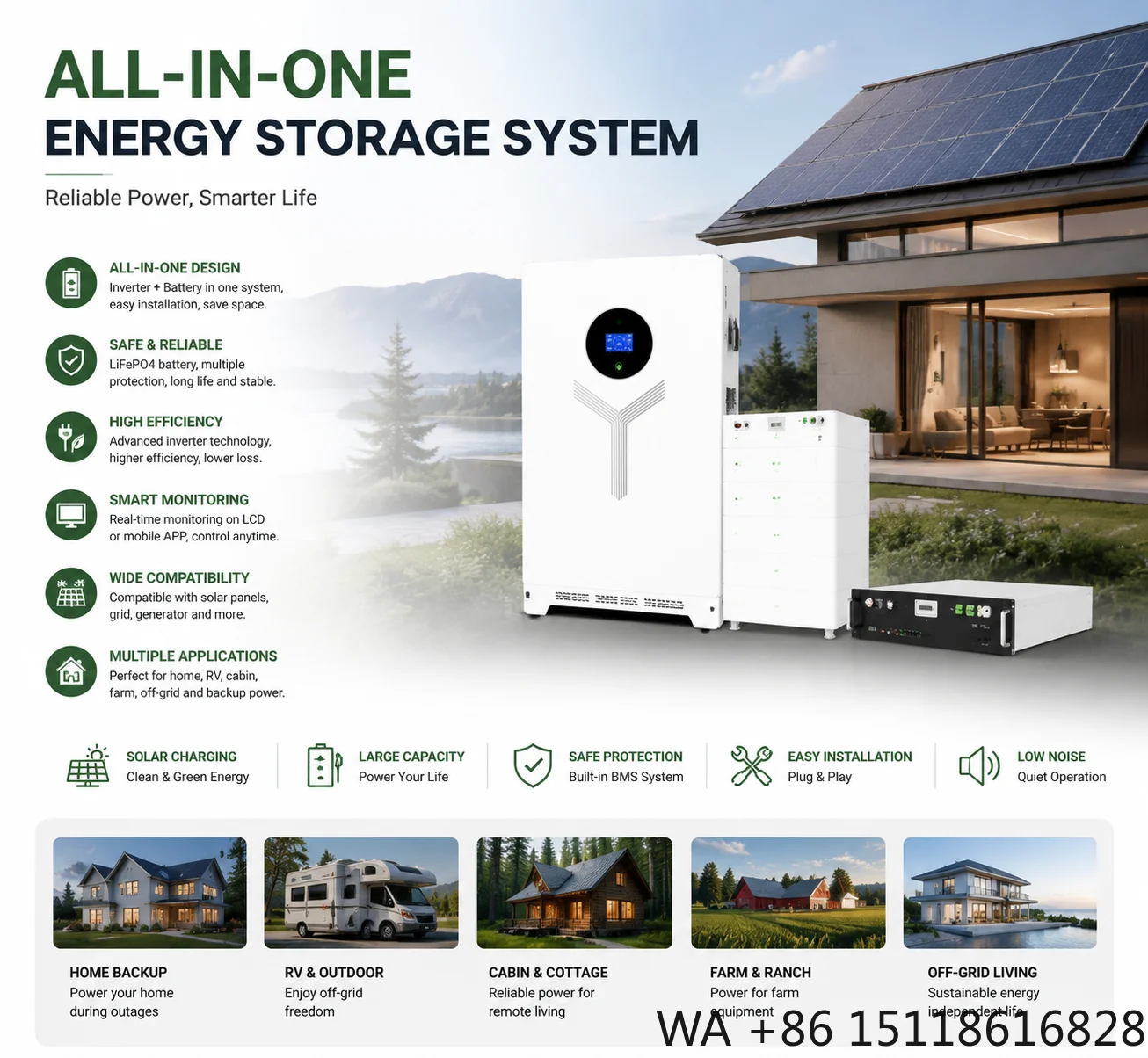 51.2V 300Ah LiFePO4 15kWh Battery Pack Solar Power Storage Off Grid Residential Inverter Compatible Home Energy Storage System