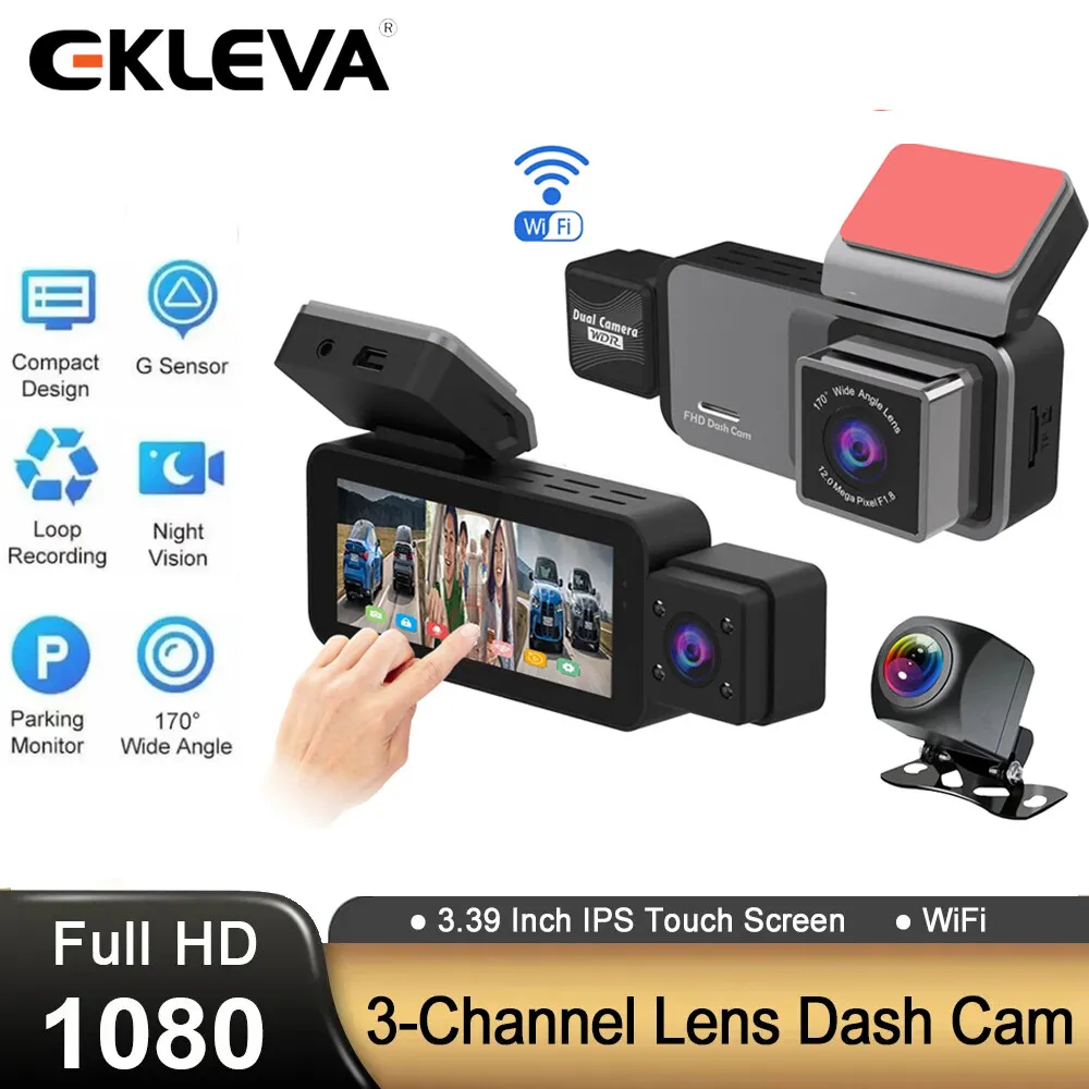 

EKLEVA 3 Channel WiFi Car DVR HD 1080P 3.39“Touch Screen Dash Cam 3 Way CameraDVRS Recorder Video Reaistrator Dashcam Camcorder