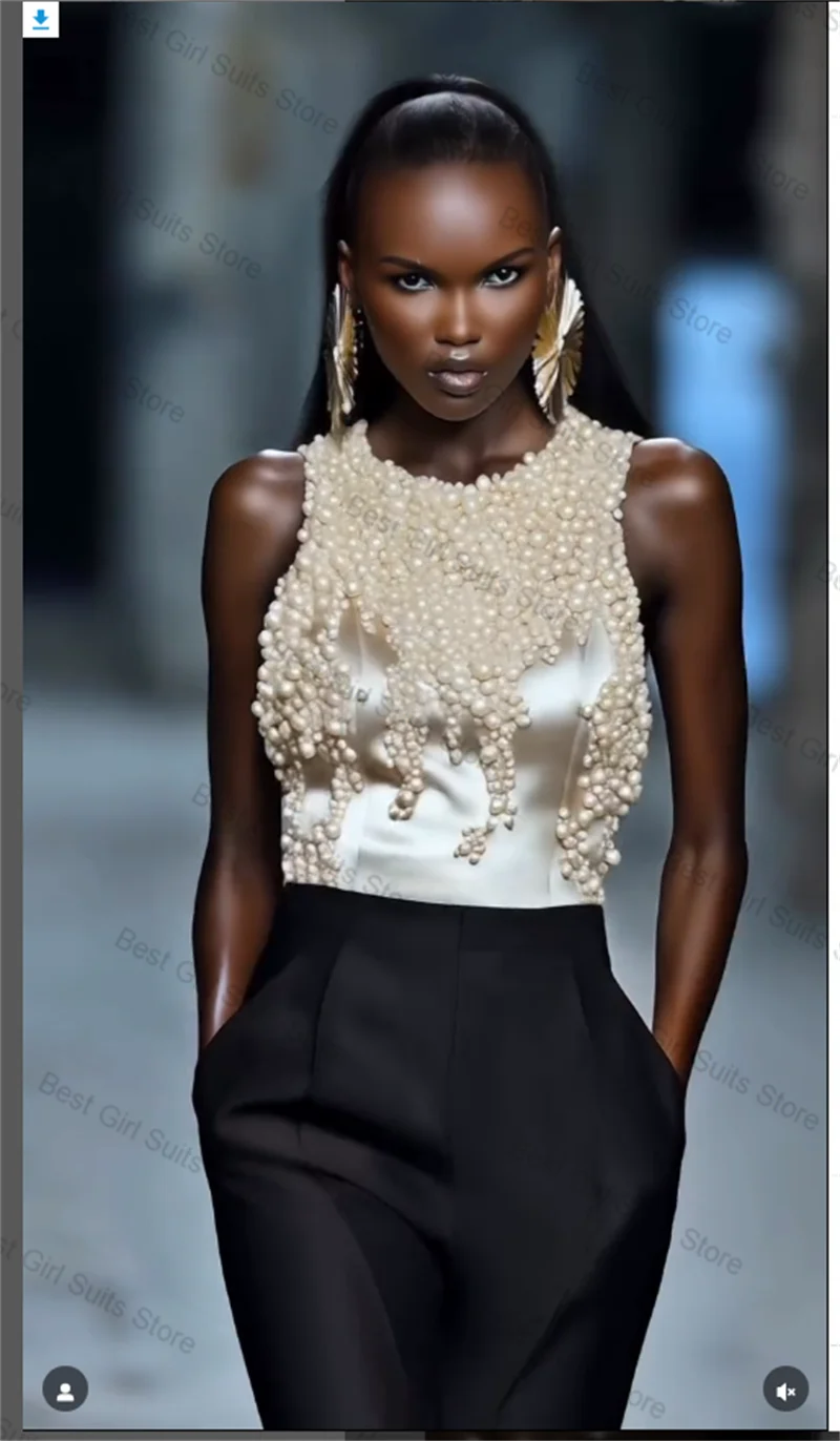 

Pearls Women Suit Set 2 Pieces Top Bra+Straight Pants Trousers Luxury Formal Office Lady Jacket Customized Coat