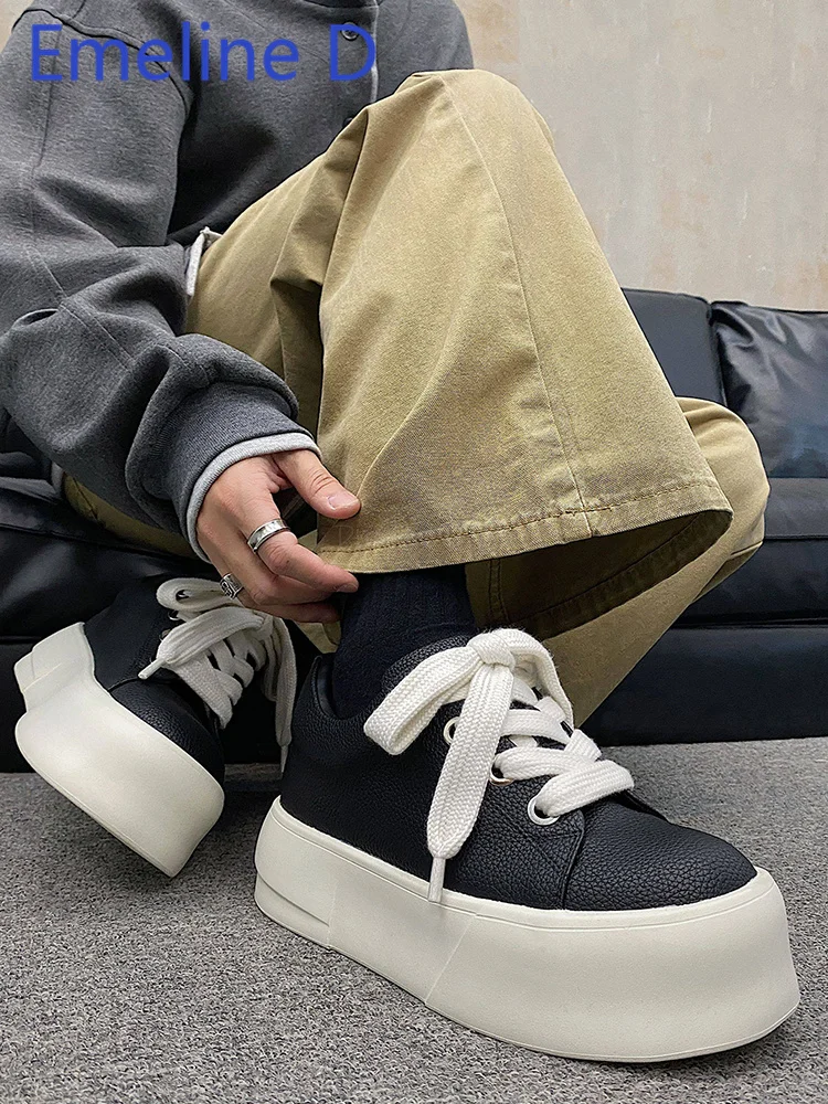 Thick Soled High Rise Bread Board Shoes Black and White Color Blocked Lace Up Round Toe Comfortable and Versatile Casual Shoes