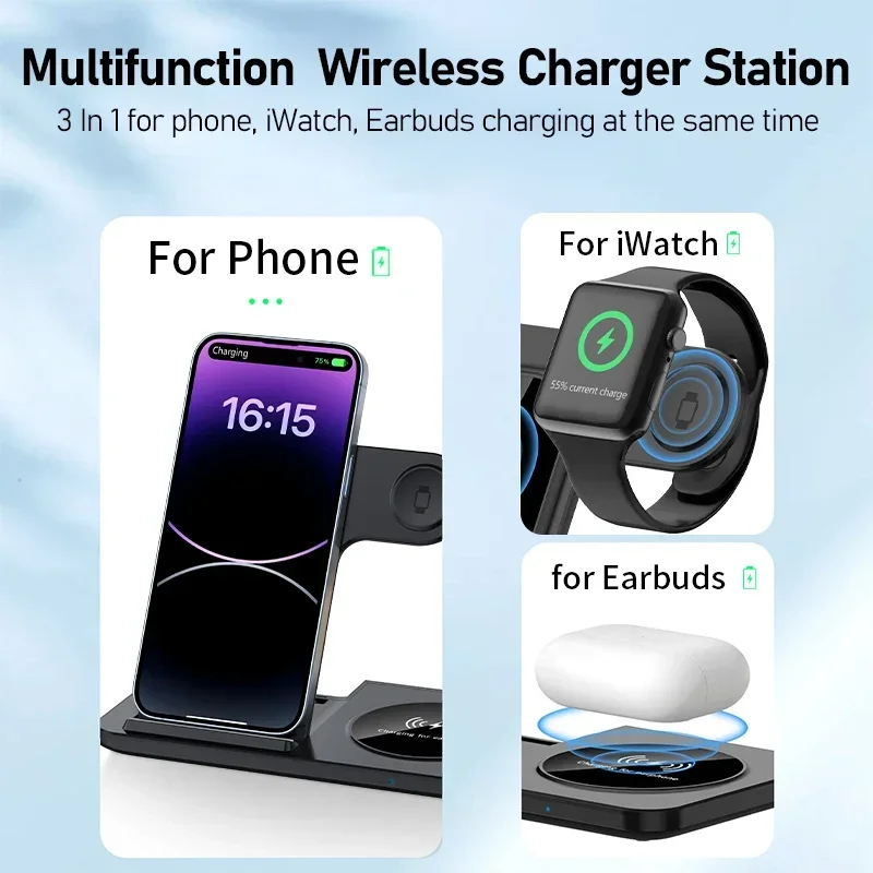 3 in 1 Wireless Charger Foldable Fast Charging Station for iPhone 17 16 15 14 Apple Watch Ultra 10 9 8 AirPods Pro Charger Stand - view 5