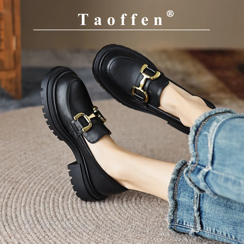 Taoffen Casual Loafers For Women Genuine Leather Square Heel Metal Decoration Pumps Mature Round Toe Slip-On Office Lady Shoes