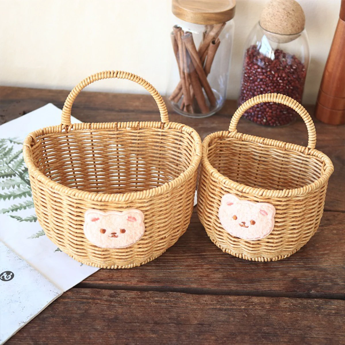 

Ginger And Garlic Storage Basket Cartoon Bear Kitchen Imitation Rattan Woven Egg Ginger Garlic Storage Basket Wall-mounted