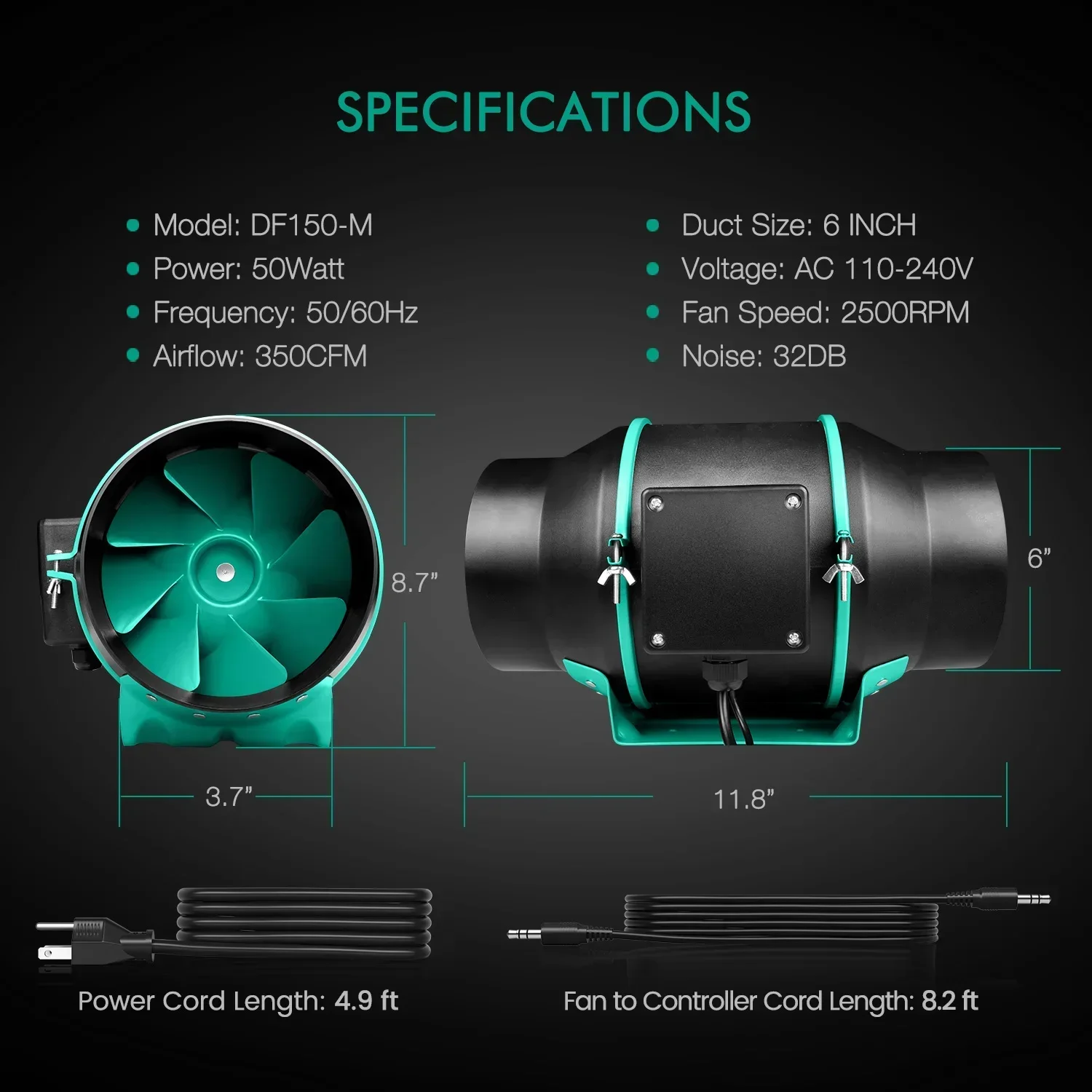 6 Inch 350CFM Ventilation In Line Duct Exhaust Fan with Smart Control