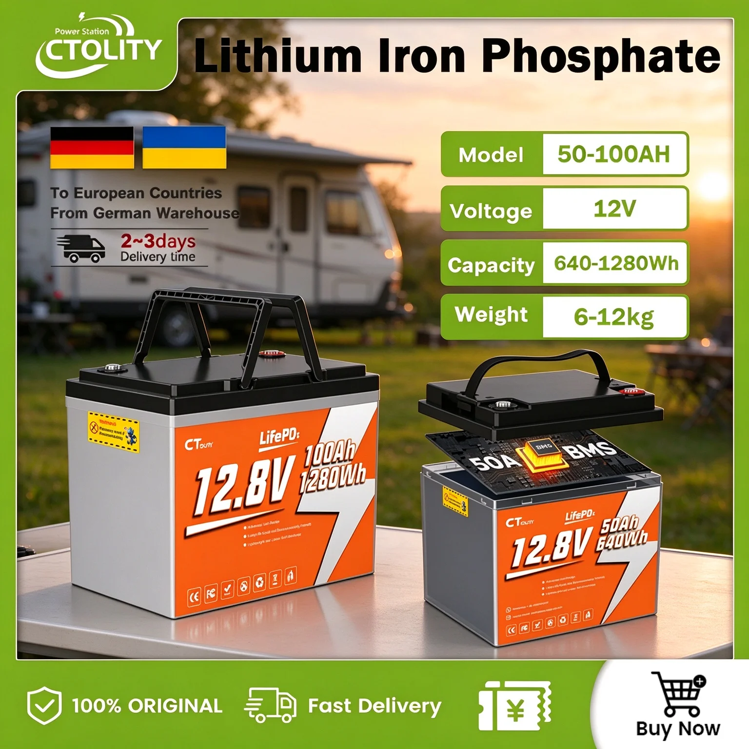 Batteria LiFePO4 CTOLITY 12V 50AH 100AH 640Wh 1280Wh Batteria al litio ferro fosfato con BMS 50A 100A per camper, golf cart, sistema di alimentazione solare, motore elettrico, batterie ricaricabili,