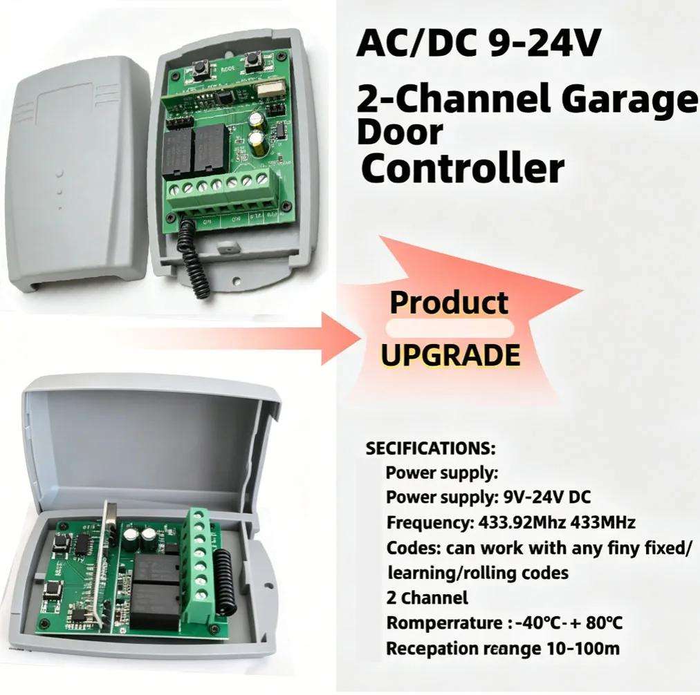 Upgrade Version 433.92MHz Two Channel Wireless Garage Door Opener Receiver 9-24V AC DC Relay Control Module