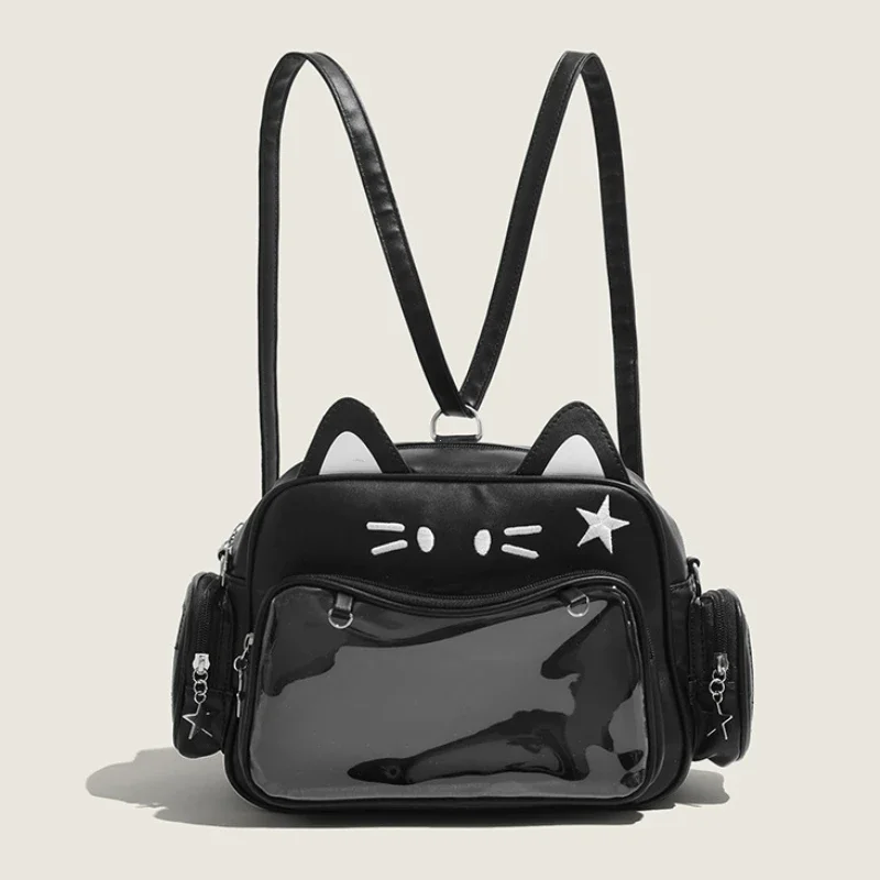 Mochilas de moda para mujer Y2K, bolso coreano japonés Kawaii Cat Ita de PU, bolsos de hombro tipo bandolera estéticos con bolsillo transparente para chicas lindas