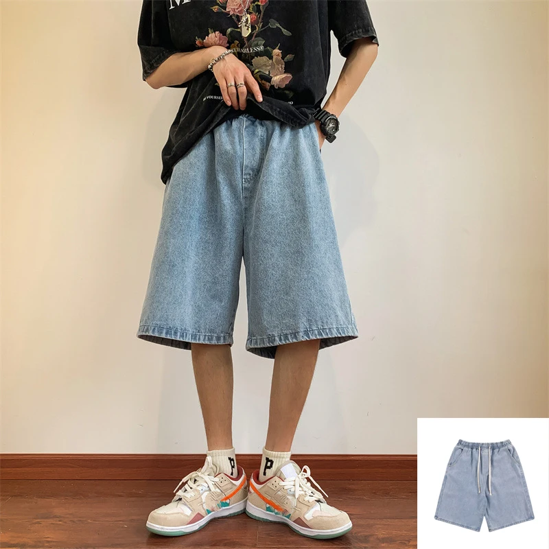 Summer Denim Shorts for Men Korean Harajuku Retro All-Match Baggy Straight Bottoms Wide-Leg High Street Five-Point Jeans Pants