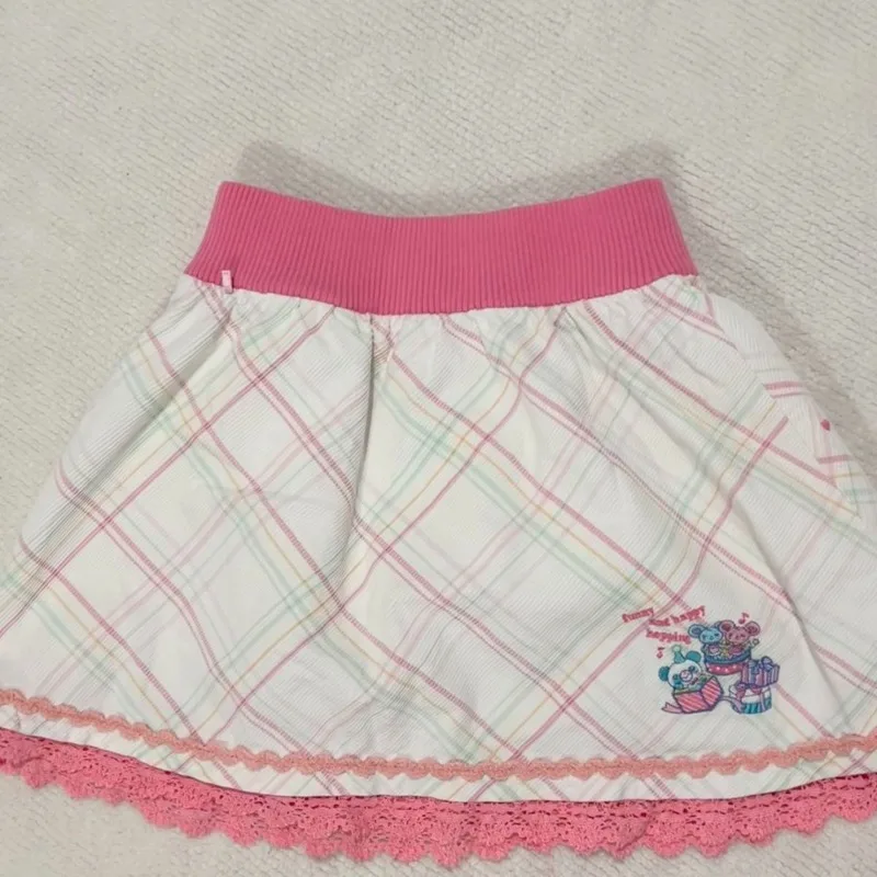 Summer Japanese Sweet Plaid Skirt Women Y2K Cute Cartoon Embroidery Lace A-line Skirt Vintage Harajuku Fashion Mini Skirts New