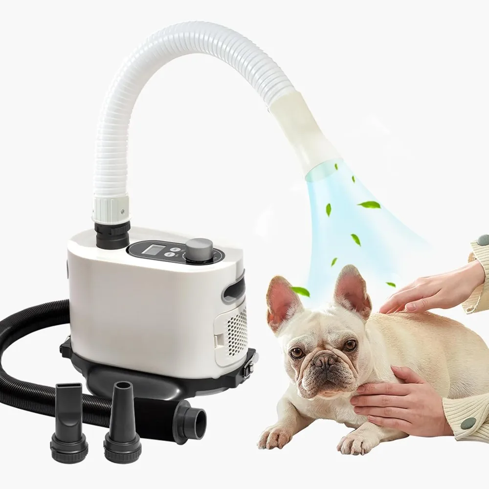 

Dog dryer, pet power dryer, hard and soft dual hoses, Pet grooming dryer blower, LCD display, low noise, 3 speed heating and 2