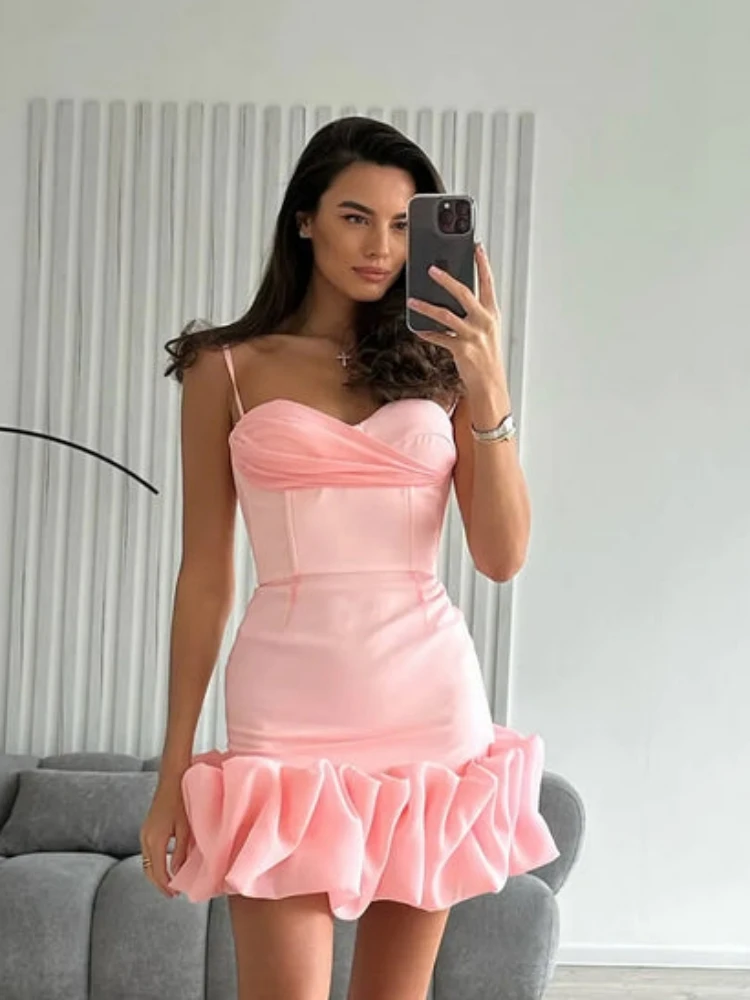 Sexy Spaghetti Strap Lace Mesh Ruffle Edge Mini Dress Women Violet Pink Sleeveless Ruffled Slim Stain Dress Prom Cocktail Dresse