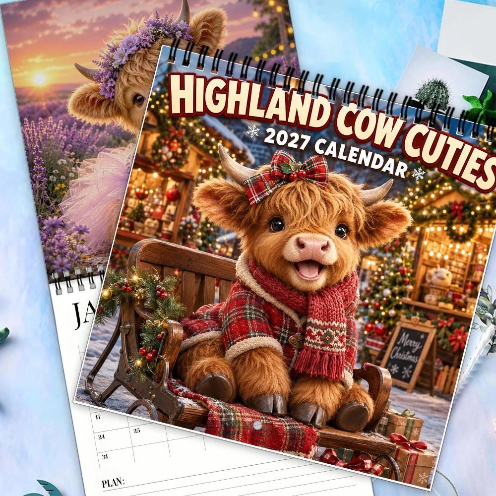 1pc 2027 Highland Cow Cuties Wall Calendar Spiral-Bound 12-Month Animal Calendar Cute Home or Office Wall Decor for Cow Lovers
