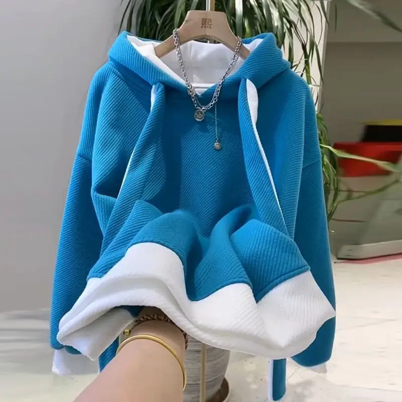 Loose Baggy Warm Women\'s Hooded Sweatshirts Blue Female Top Thick Hoodies Cold Autumn and Winter Contrasting Colors 90s Vintage