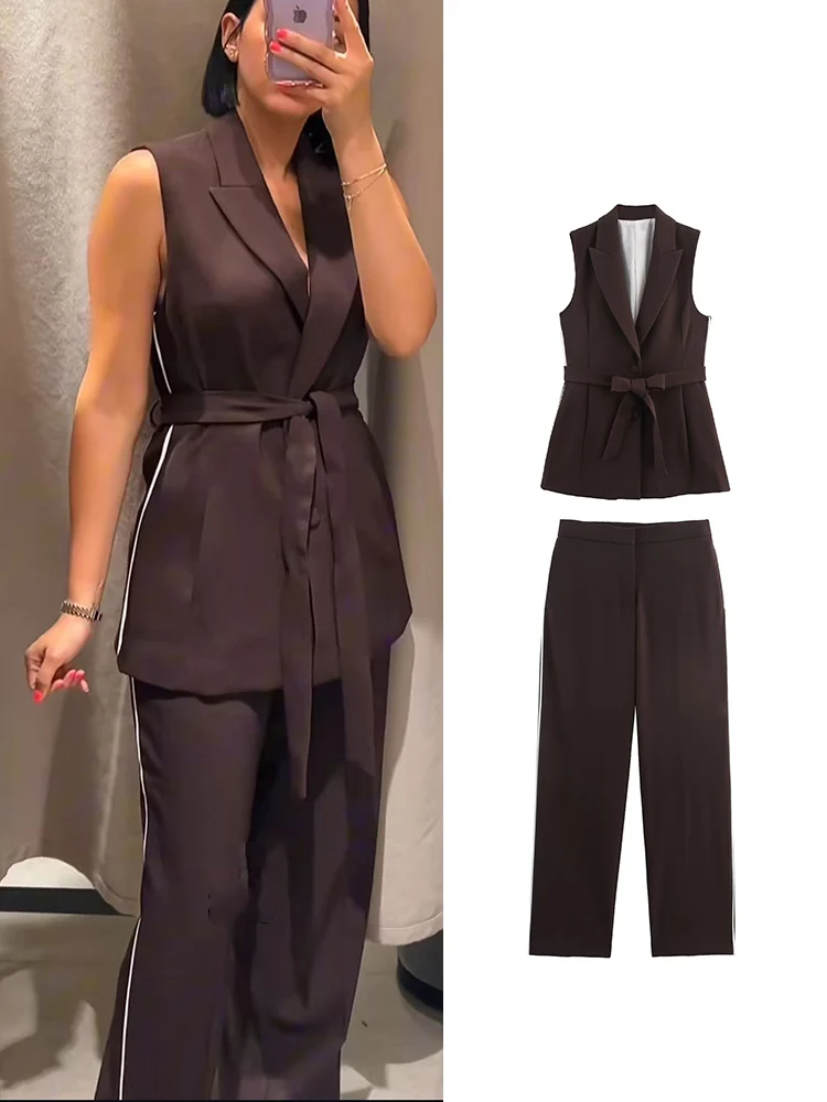 

Женский жилет 2025 года с поясом, прямой брючный костюм, элегантный топ без рукавов с v-образным вырезом, брюки с высокой талией, яркий комплект украшений