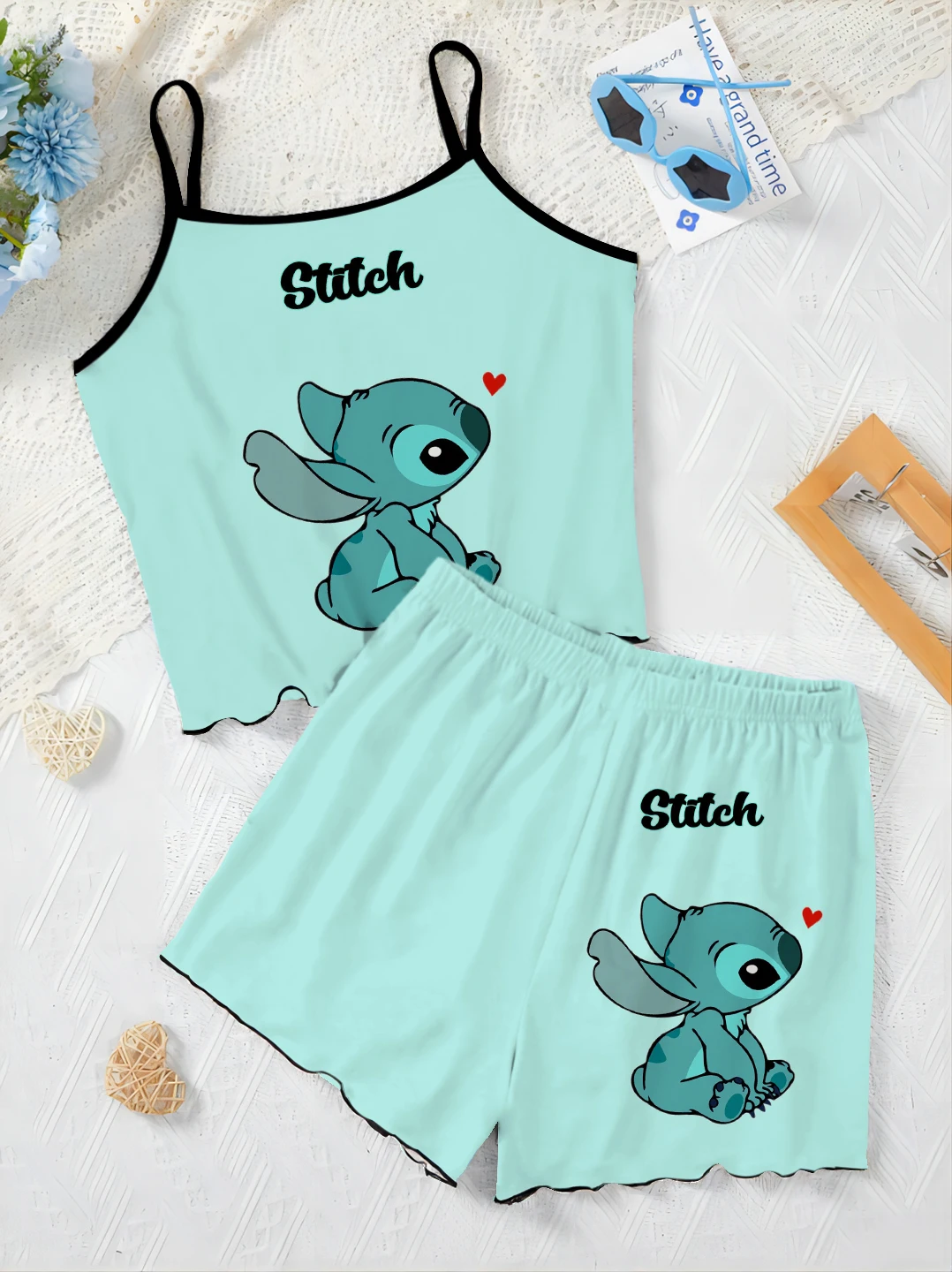 Eleganti completi da donna per donna 2 pezzi t-shirt con finiture in lattuga Slip Dress gonna pigiama Disney Stitch abito corto completo da casa