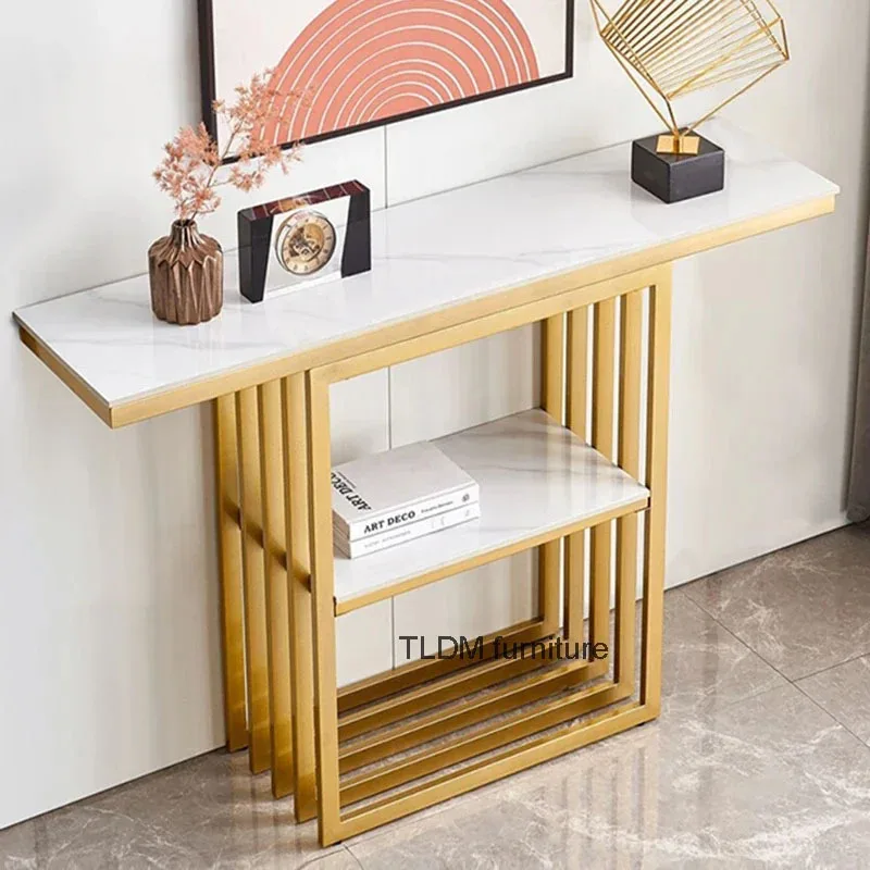 

Nordic Iron Console Tables Decoration Living Room Furniture Entrance Console Table Light Luxury Rock Slab End View Hallway Table