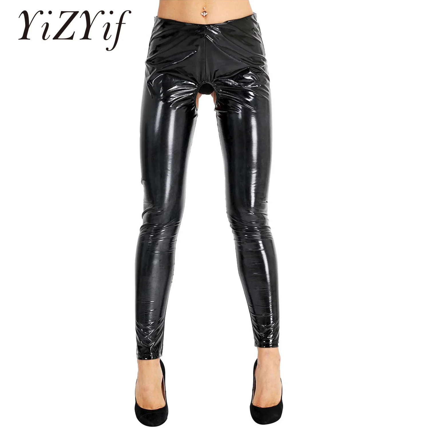 

YiZYiF Black Sexy Open Crotch Leggings Women Lingerie Wet Look Patent Leather Pants Open Butt Skinny Stretchy Legging Trousers