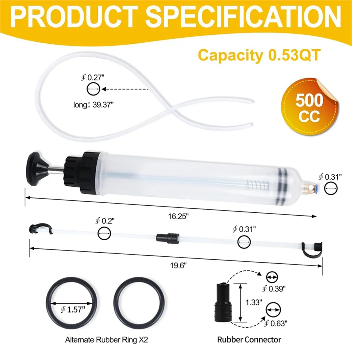500CC Automotive Fluid Extractor with 39'' Long Hose & ExtensionTubes, Portable Oil Extractor Pump for Oil Change