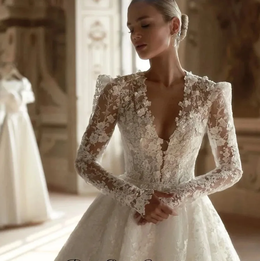 Gorgeous Lace Wedding Dress 2026 V-Neck Long Sleeve 3D Flowers Lace Appliques Birde Bridal Gowns Vestido De Novia Marriage