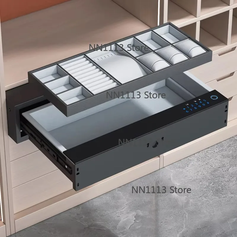 Hidden Drawer Jewelry Storage Organizer with Lock Soft Closing Pull-Out Safe Box for Home