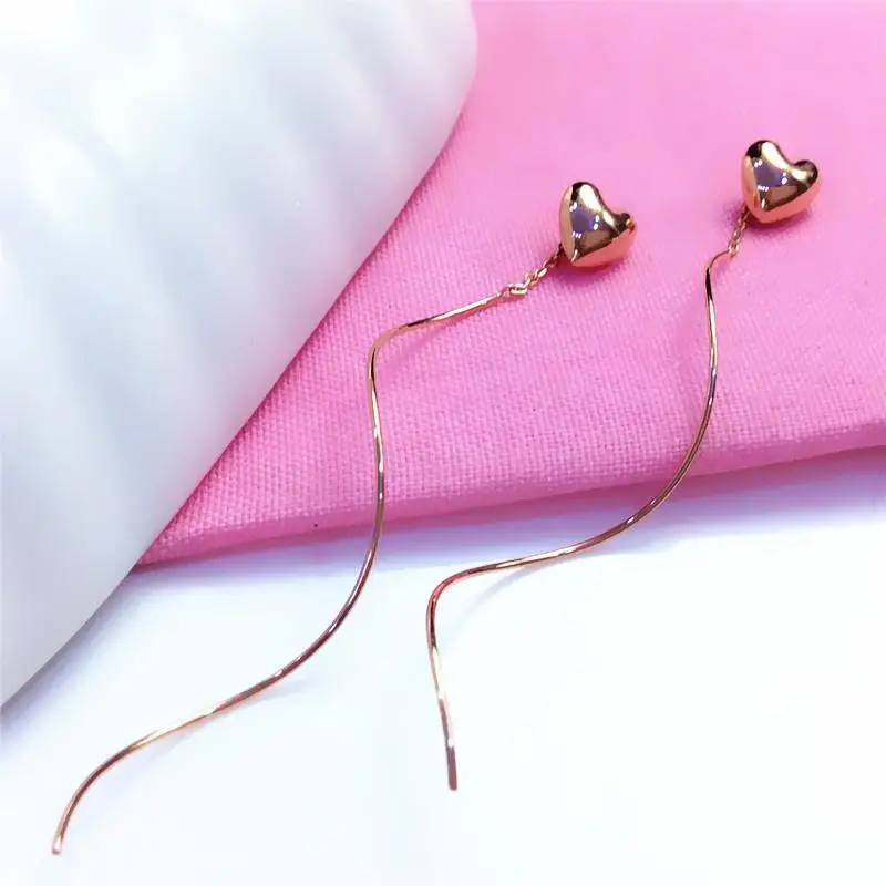 585 Purple Gold Plated 14K Rose Gold Glossy Heart Wavy Long earrings for women sweet and romantic Ear line wedding jewelry