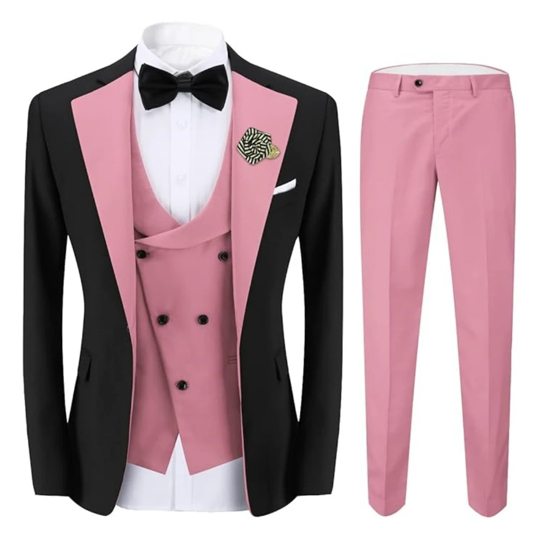 Black Pink Classic Groom Suits 3pcs Blazer Vest Pants Customized Formal Prom Party Business  Male Suit