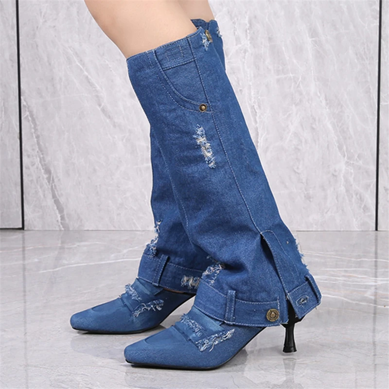 

Designer Women Knee High Boots Two Ways to Wear Denim Shoes Retro Square Toe Jean Botas Mujer 6CM High Heel Slippers Mules