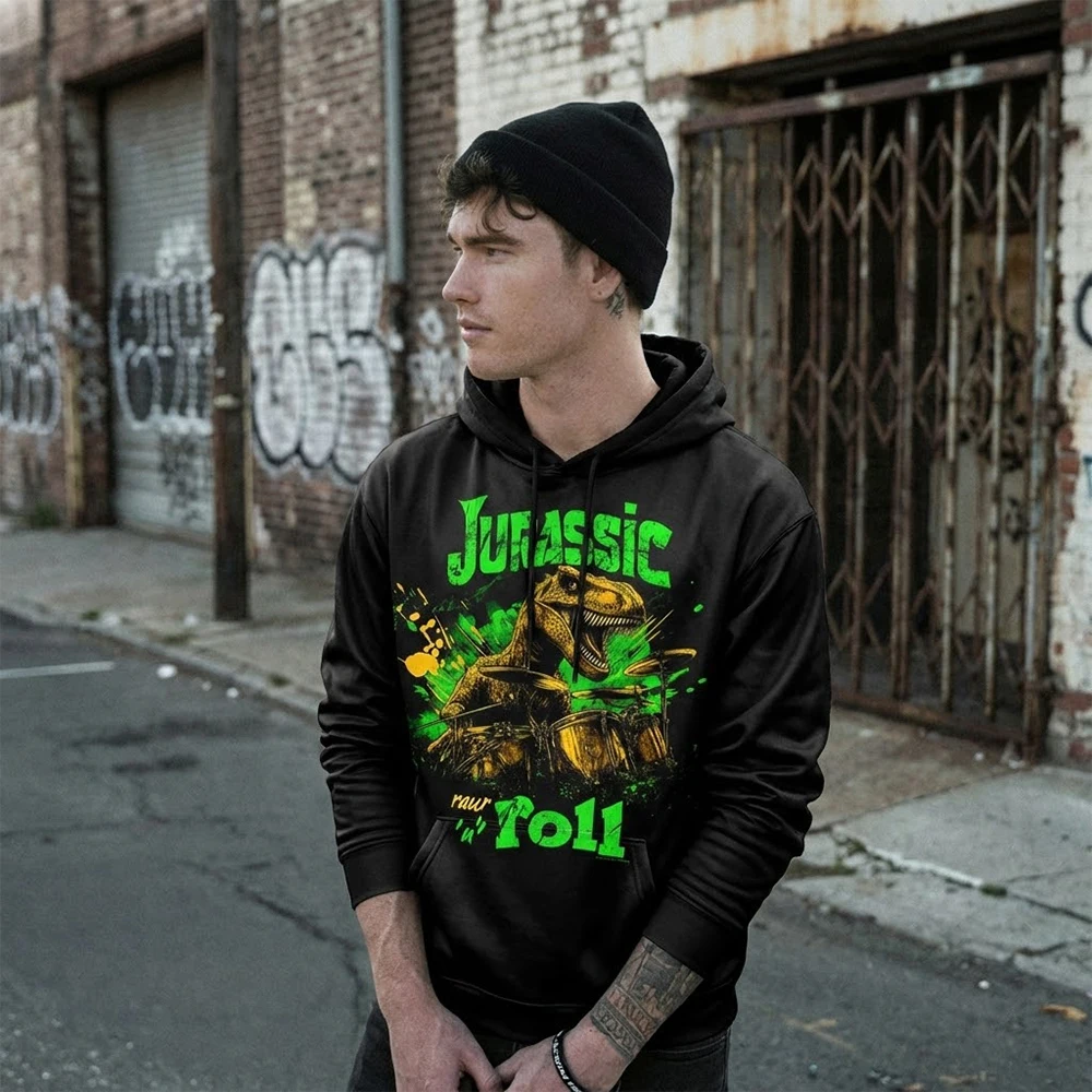

2026 Autumn New Jurassic Dinosaur Rock Hoodie Tyrannosaurus Rex Guitar Drummer Print Style Punk Music Streetwear Pullover