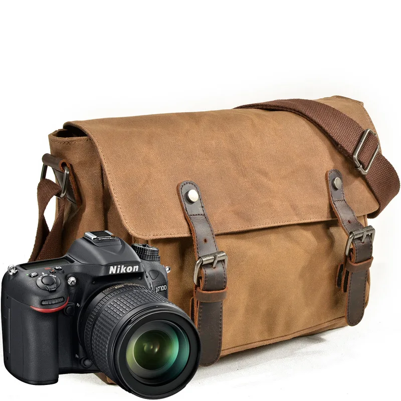 New model Men's cross-style photography bag, casual shoulder bag, oil-waxed canvas bag, water-resistant bag for DSLR camera
