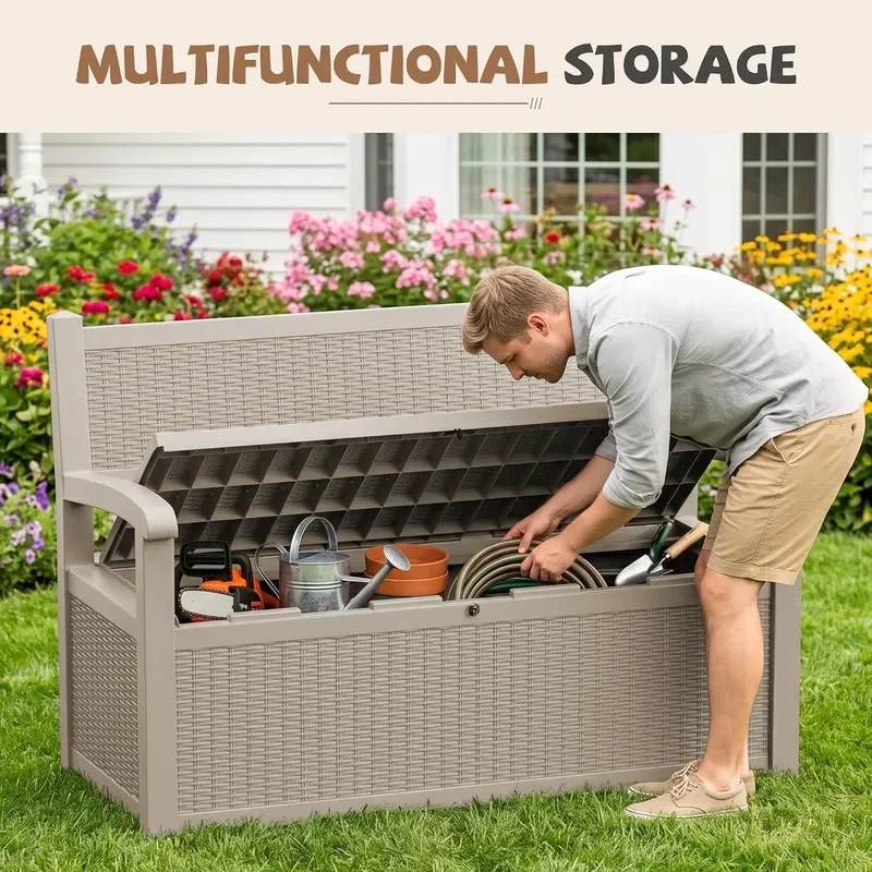 Outdoor Bench Storage Deck Box 100 Gallon Waterproof Wicker