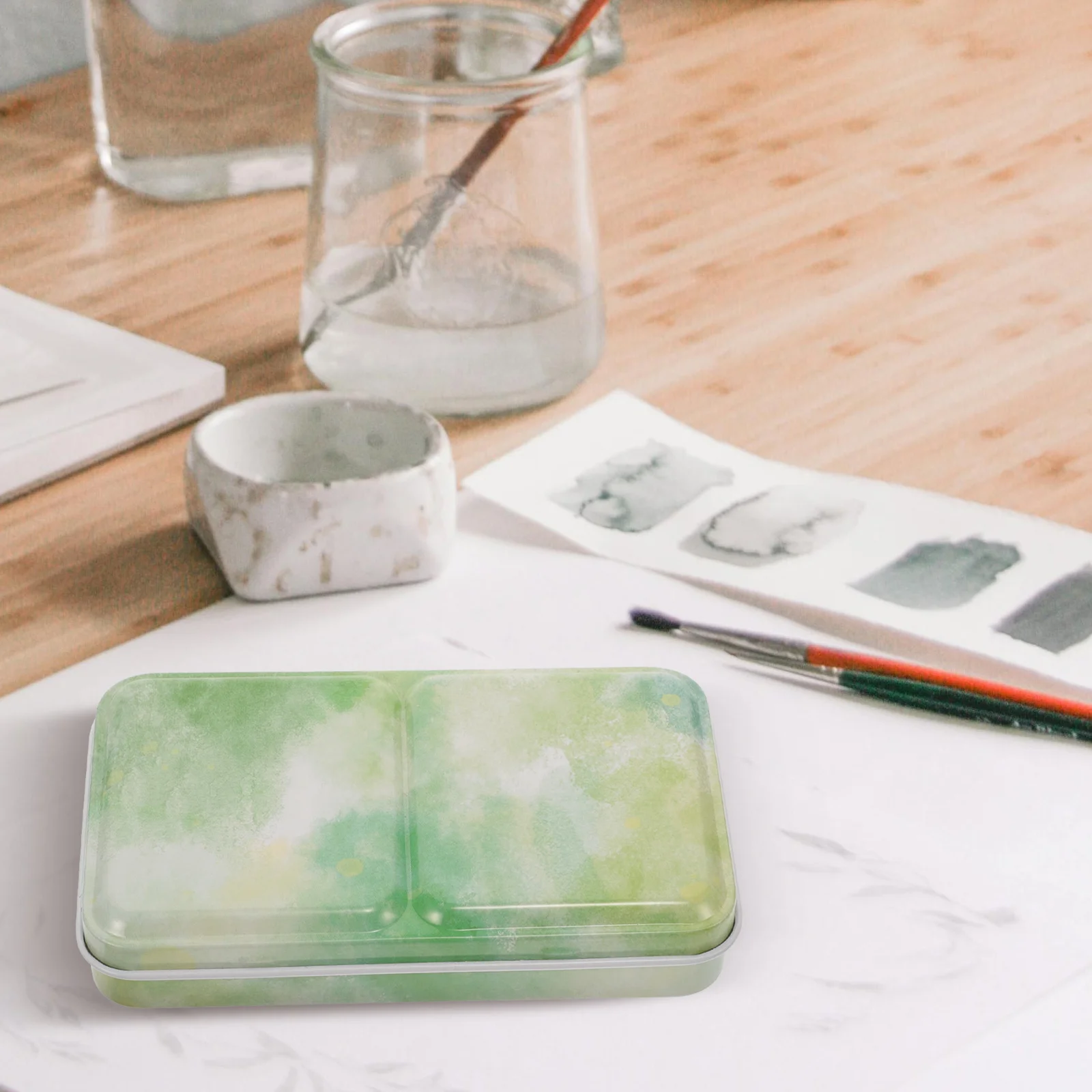 

Watercolor Paint Box Empty Iron Case Small Size Spring Design Card Slot Portable Student Painting Color Mixing