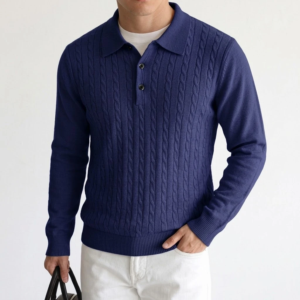 Neue Kabelstrick-Polopullover für Herren, Langarm, lässig, mit Knopfleiste, Vintage-Pulloverhemd, schmal geschnitten, gerippt, Winter-Reversoberteil – Detail 11