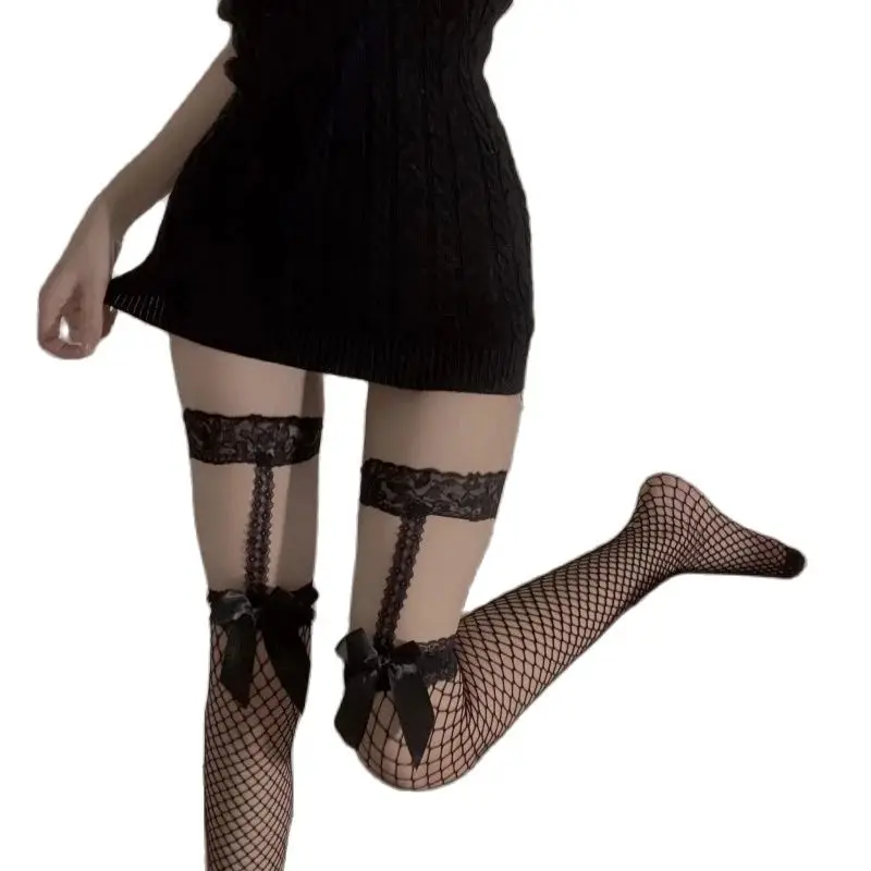 

Lace Gartered Bow Fishnet Stockings Sexy Black White Thigh High Socks JK Club Influencer Medias Trendy Thin Lingerie.