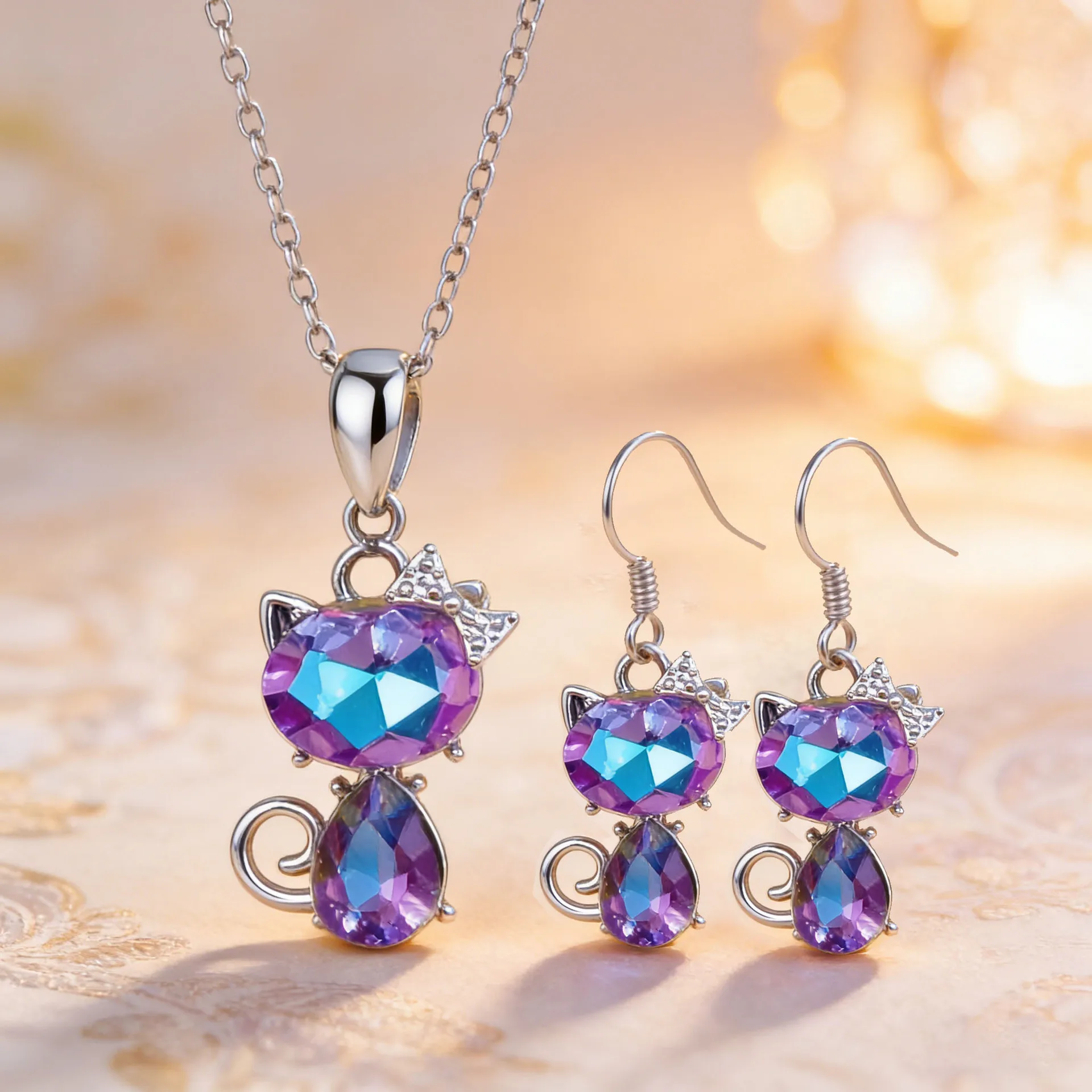 Fashionable and creative cat pendant necklace earring set, inlaid with synthetic zircon, making you shine brightly in the crowd