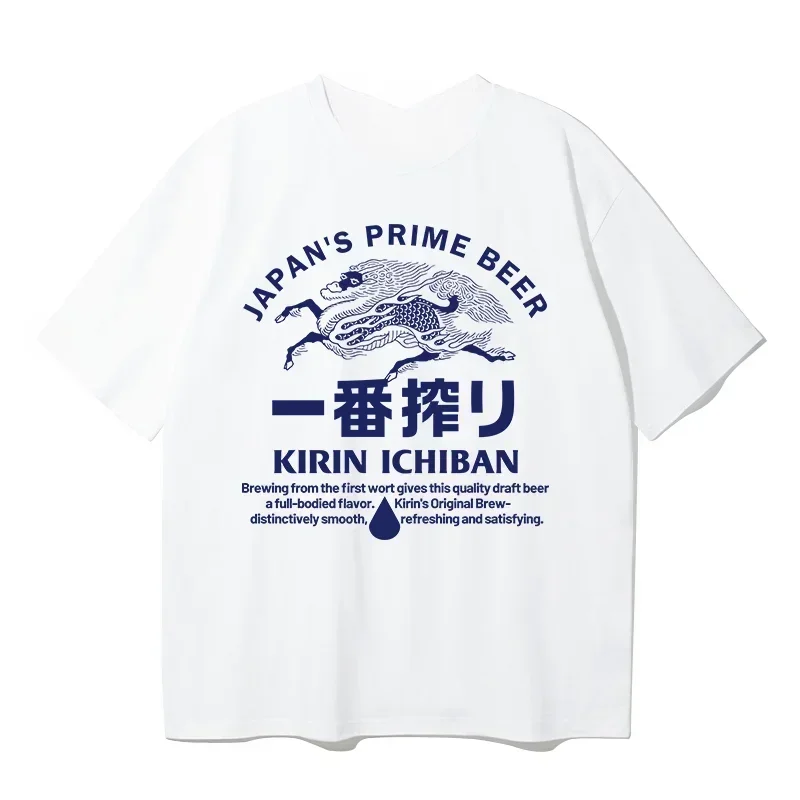 2025 nuevo modelo japonés KIRIN Kirin cerveza camiseta verano hombres y mujeres con el mismo estilo de moda Retro americana Ins suelta Sh