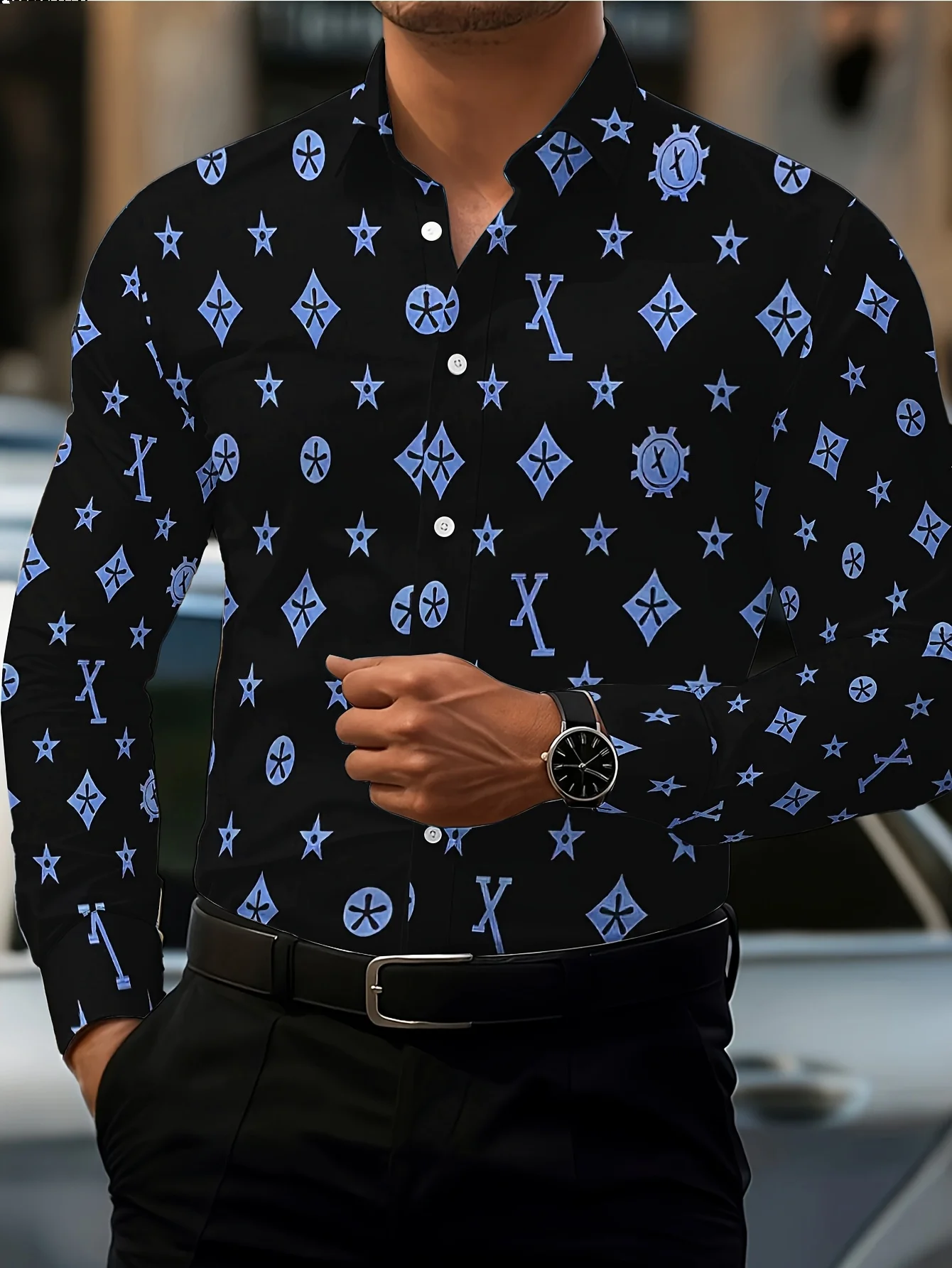 Men Long Sleeve Button Down Shirt Black Blue Star Diamond Letter Print Polyester Lapel Collar Party Casual