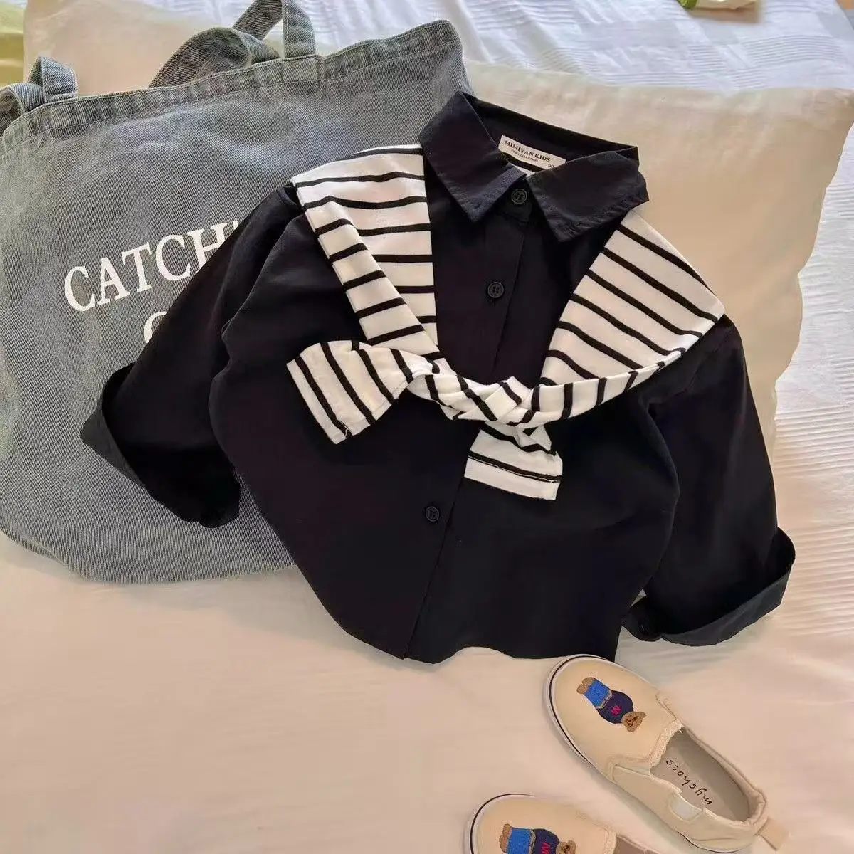 

Spring and Autumn Pure Cotton Children's Long sleeved Shawl Shirt Boys and Girls Collar Top Korean Fake Two piece Shirt 90-140CM