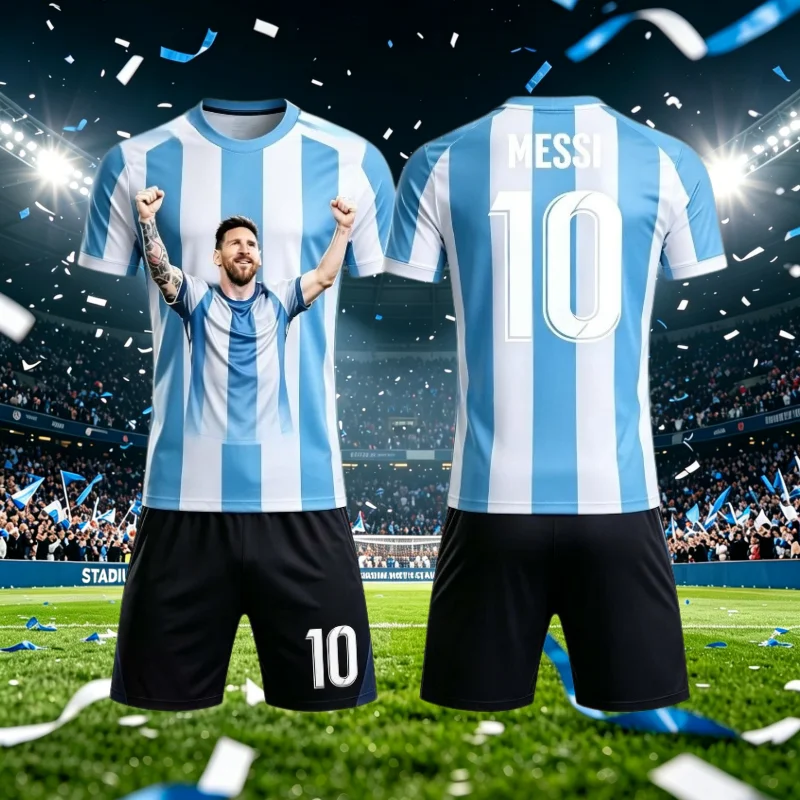 Summer Messi # 10 Football Jersey Fan Special Edition Men Women T-shirt and Shorts Set Quick Drying  Sports Set Family Kids Tees