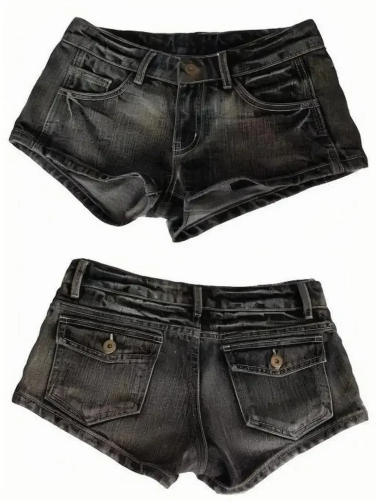 

Retro Harajuku Women's Washed Denim Shorts Y2K Fashion Black Gray Hot Girl Sexy Slim Elastic Tight Low Waist Shorts