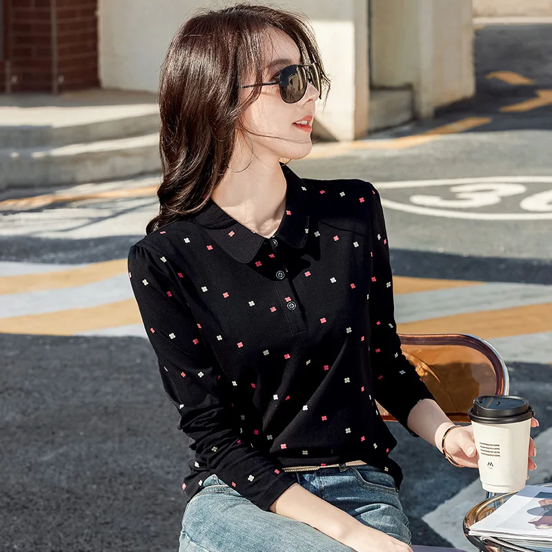 New Women's Polo Shirt Long Sleeve Casual Blouses Cotton Polos Spring Summer Cute Dot T-shirt Golf Sportswear Female Tops Tees