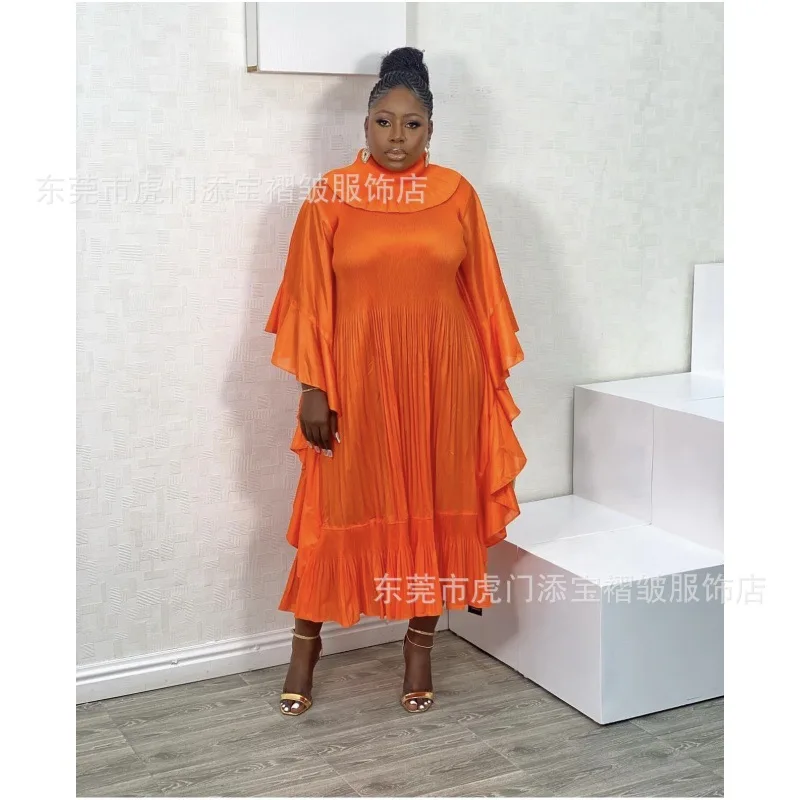 Women's Dress Pleated Women's Clothing 2024 New Solid Color Ruffled Edge Bat Sleep Atmosphere Loose Large Long Women's Dress