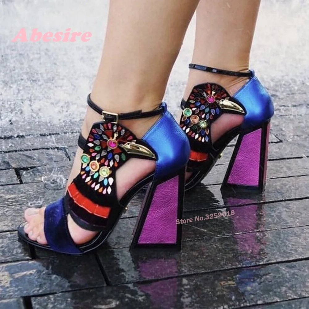 Colorful Rhinestones Chunky Heels Sandals Patchwork Open Toe Ankle Buckle Women\'s Sandals Leather Summer Luxury Party Shoes Sexy