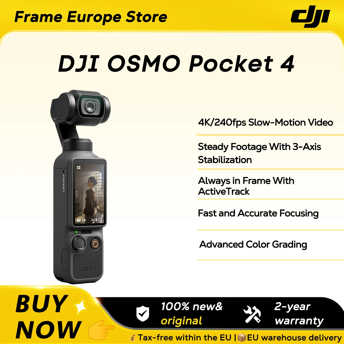 DJI Osmo Pocket 4 Videocamera Gimbal Tascabile per Vlog con Sensore CMOS da 1″ e Stabilizzazione a 3 Assi 4K/240fps, Zoom Senza Perdita 2x, Schermo Rotante da 2 Pollici