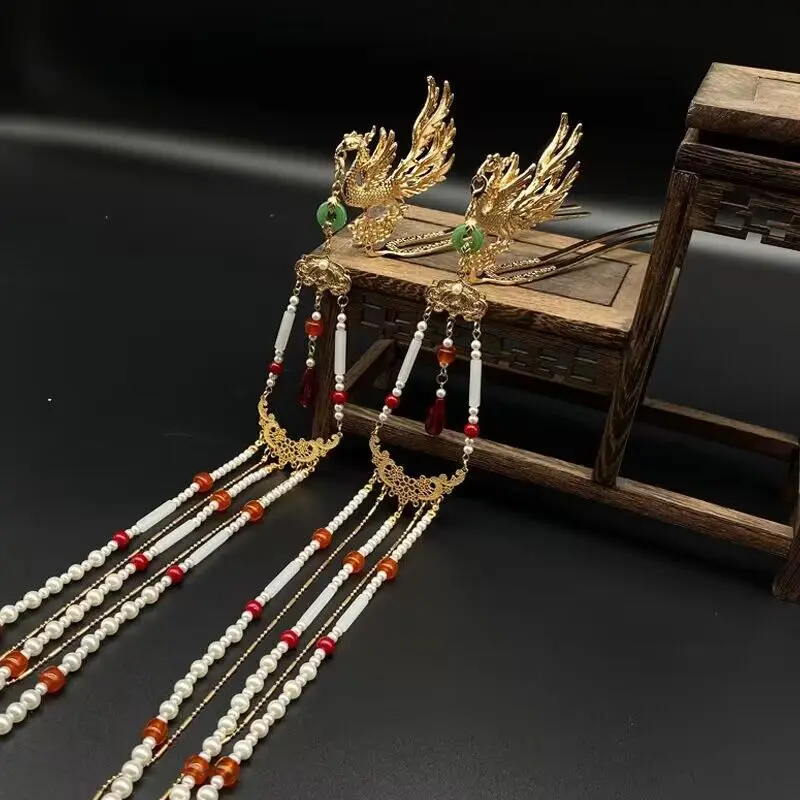 Women's Gold Plated Metal Phoenix Long Beads Tassel Hair Stick  Hanfu Headdress