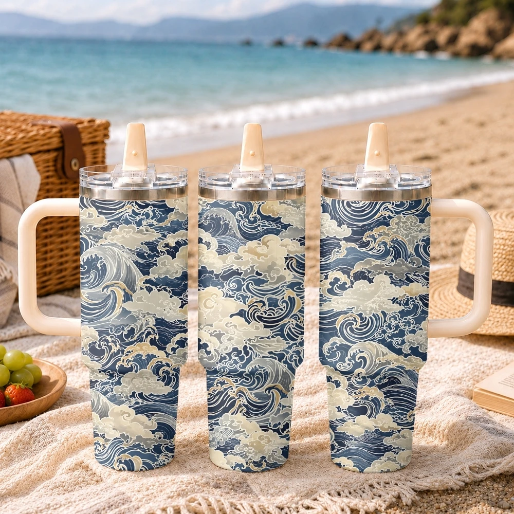 Fashion Creative Ocean Waves Vacuum Flasks 40oz Thermal Tumbler Handle Stainless Steel Insulated Water Portable Mug Cup